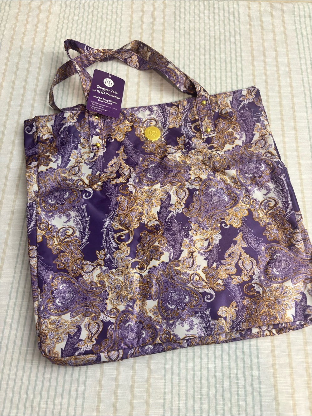 Joy Mangano Purple and Gold Paisley RFID Shopper Tote